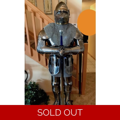 Knight in Full Suit of Steel Armor with Sword, Hound Face Bacinet, Chain Mail, & More! Knight in Full Suit of Steel Armor with Sword, Hound Face Bacinet, Chain Mail, & More!